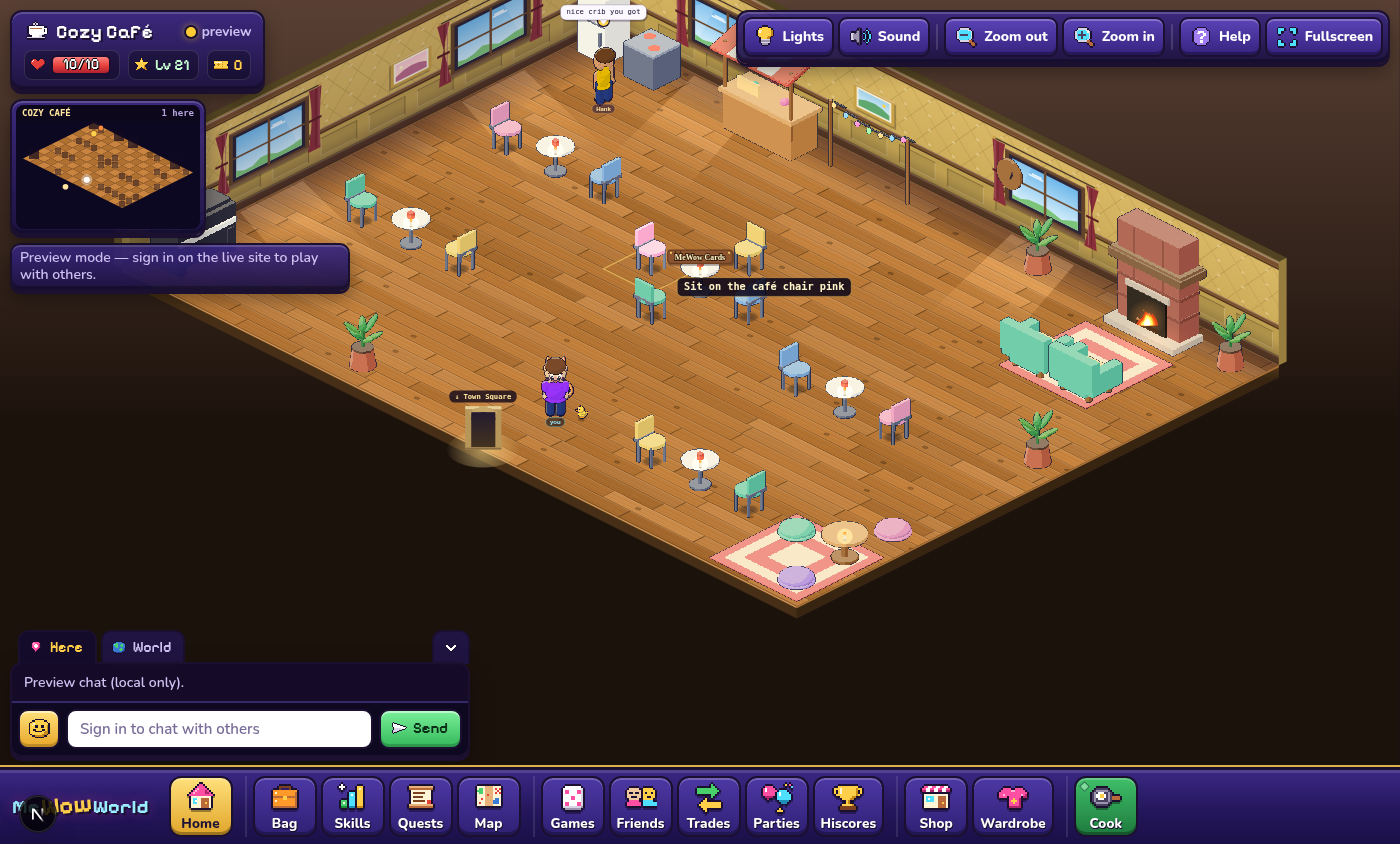 The Cozy Café, with the MeWow Cards table.